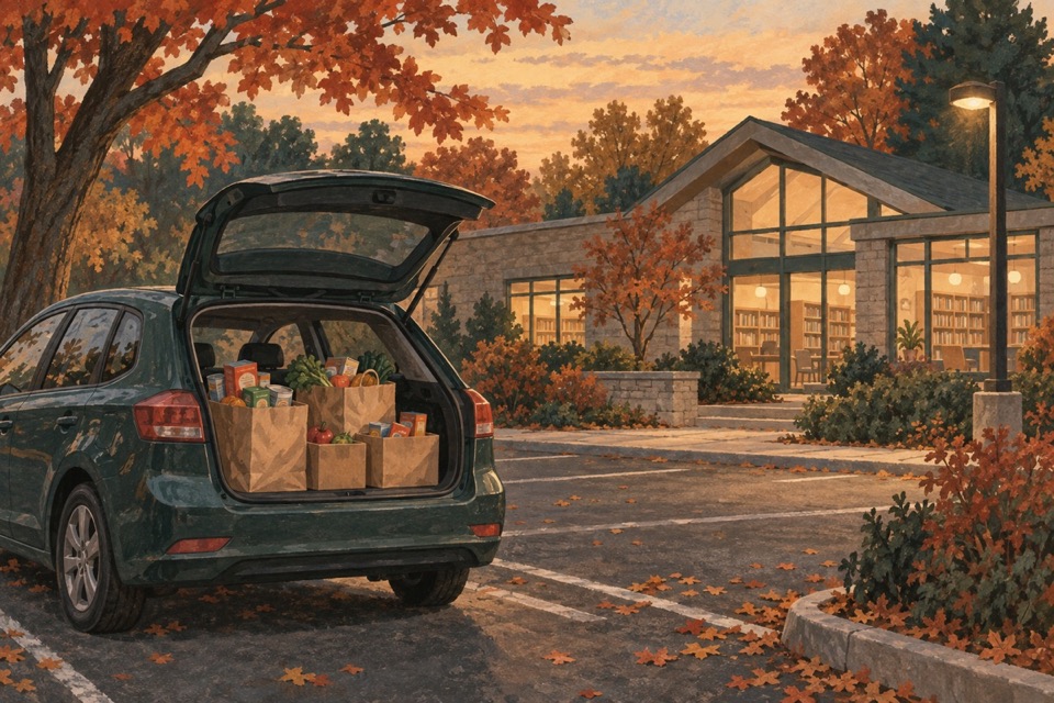 An open car trunk full of grocery bags in a library parking lot in autumn.
